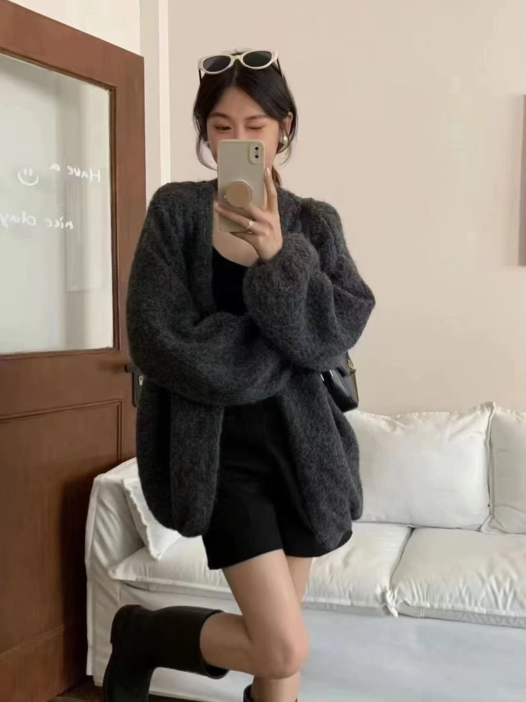 Ayla Nawaga | Effen Gebreide Cardigan – Champagne, Koffie & Grijs