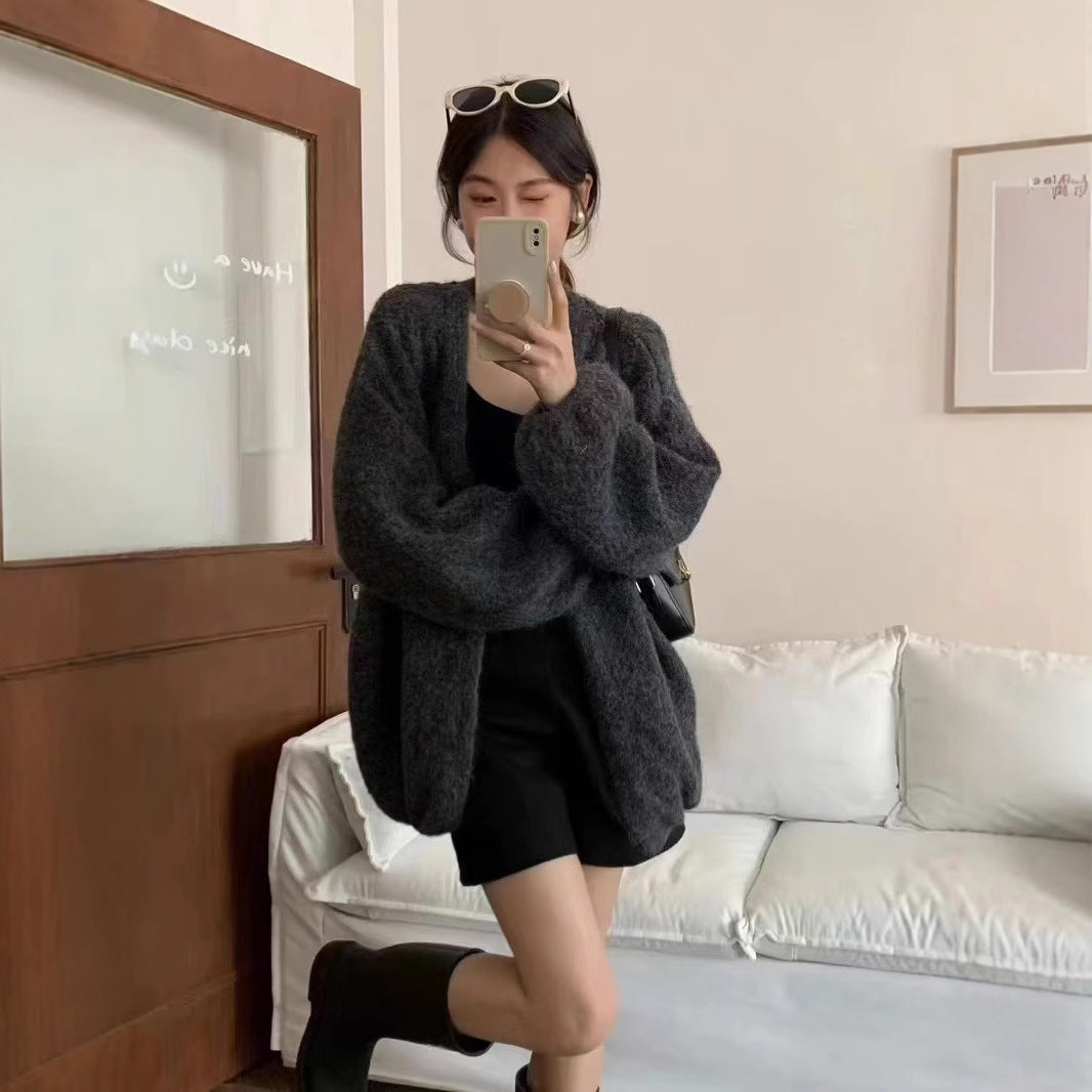 Ayla Nawaga | Effen Gebreide Cardigan – Champagne, Koffie & Grijs