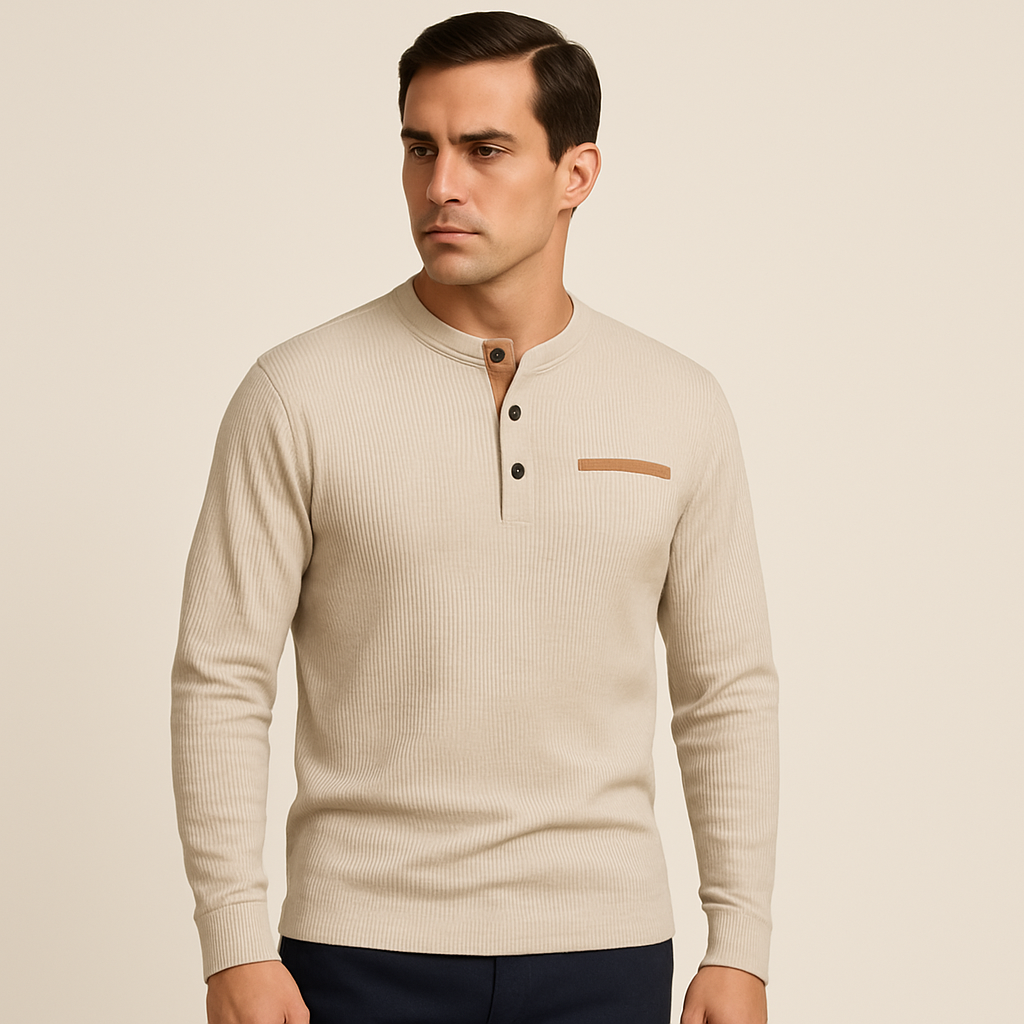 Herman Koch | Heren langarm Henley-shirt van geribde katoenmix