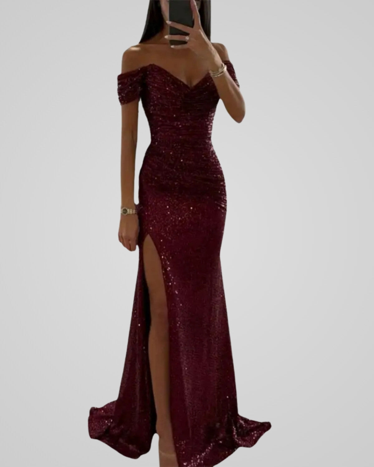 Seraphina Aureli | Off-Shoulder Pailletten Jurk met Hoge Split