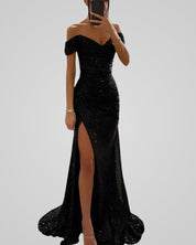 Seraphina Aureli | Off-Shoulder Pailletten Jurk met Hoge Split